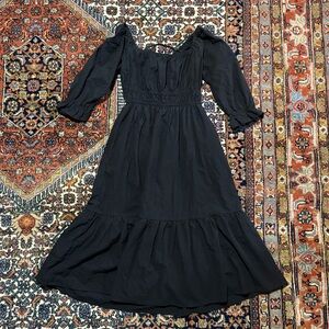 Elloh Black Cotton Midi Dress Medium Puff Sleeve Smocked Waist Tie Back Boho